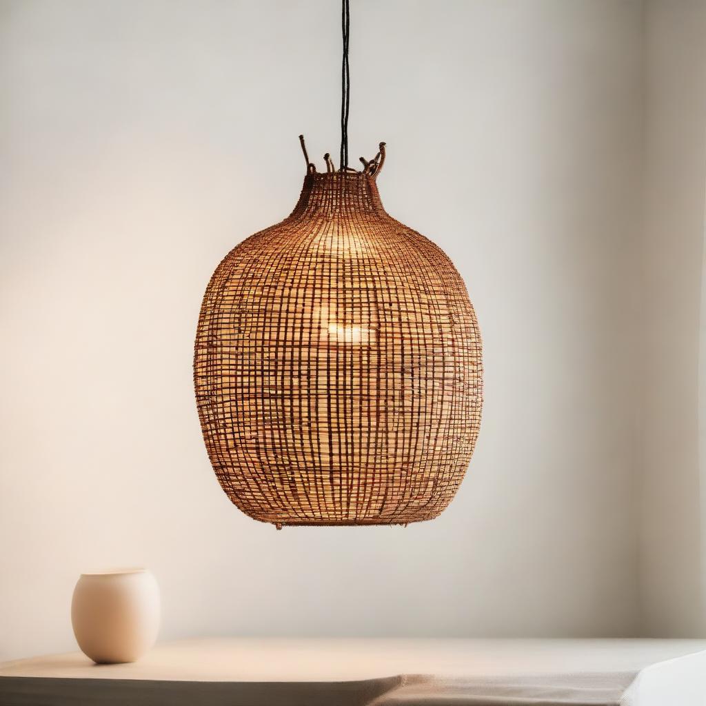 A unique lamp made from a traditional woven 'bakul nasi' (rice basket), its light casting interesting patterns through the weave.