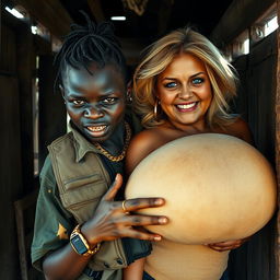 Inside a rundown shack, a young Black African woman, 25 years old, appears with an intense expression