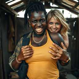 Inside a rundown shack, a young Black African woman, 25 years old, appears with an intense expression
