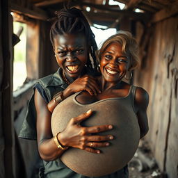 Inside a rundown shack, a young Black African woman, 25 years old, appears with an intense expression