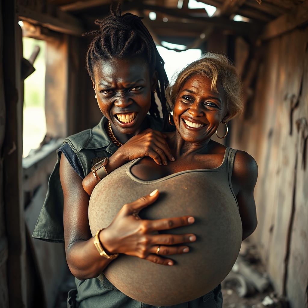 Inside a rundown shack, a young Black African woman, 25 years old, appears with an intense expression