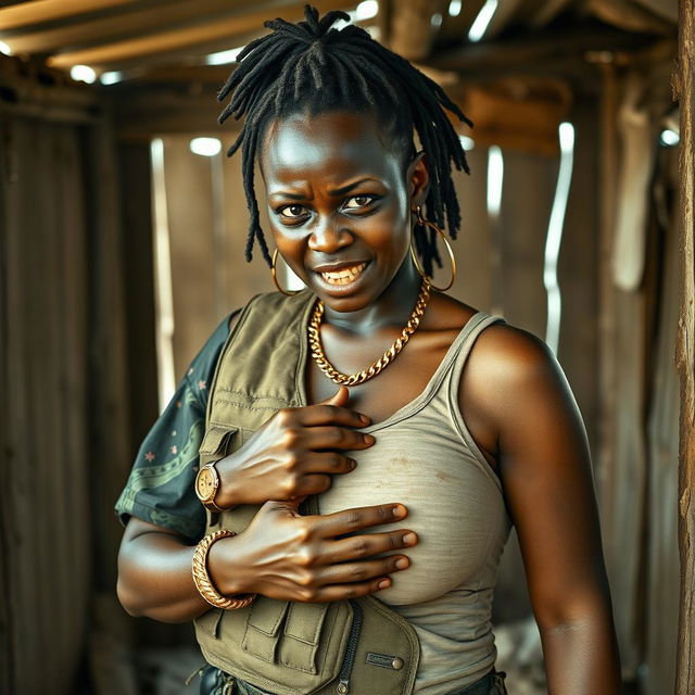 Inside a rundown shack, a young Black African woman, 25 years old, appears with an intense expression