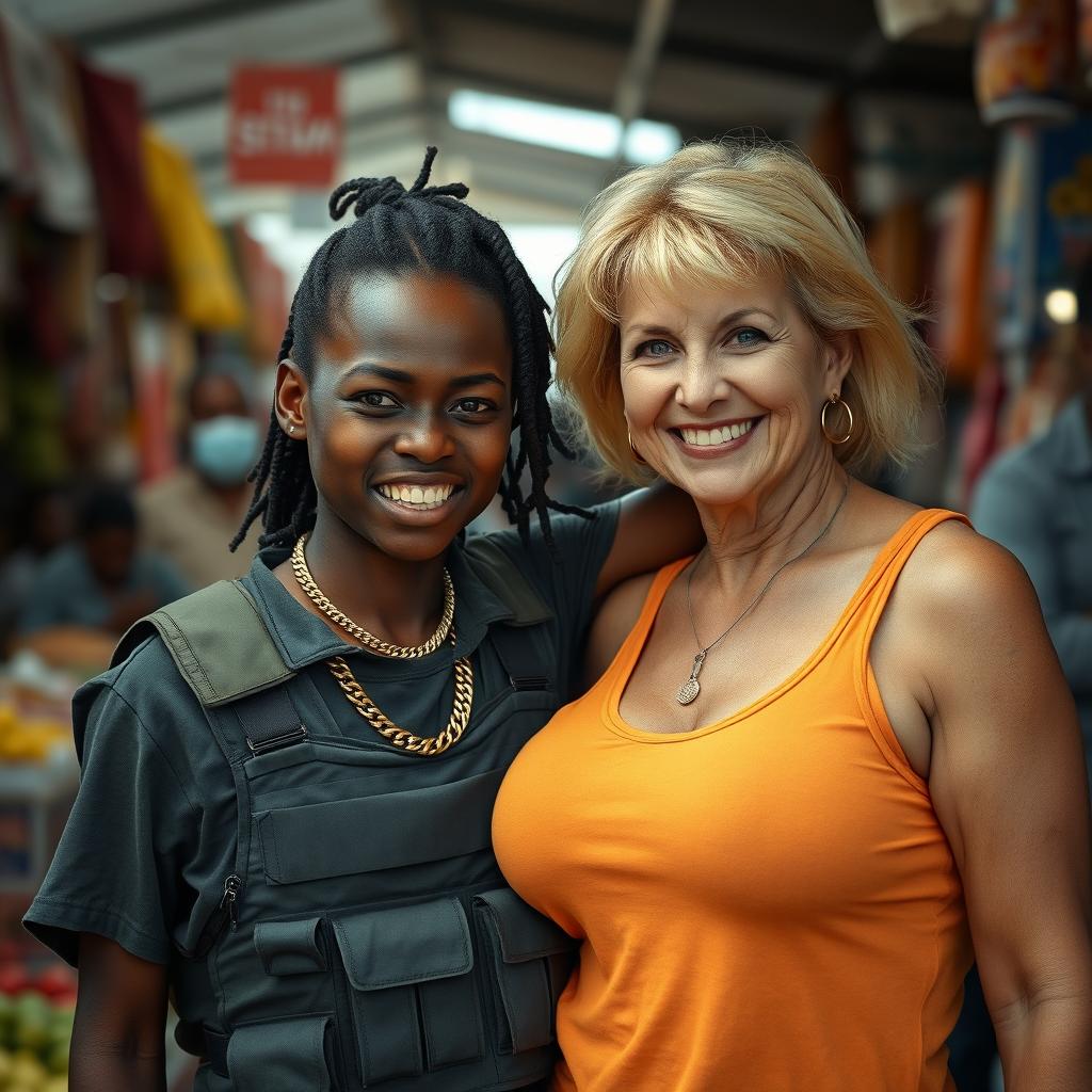 In a bustling market, a young Black African woman, 25 years old, stands with a fierce expression