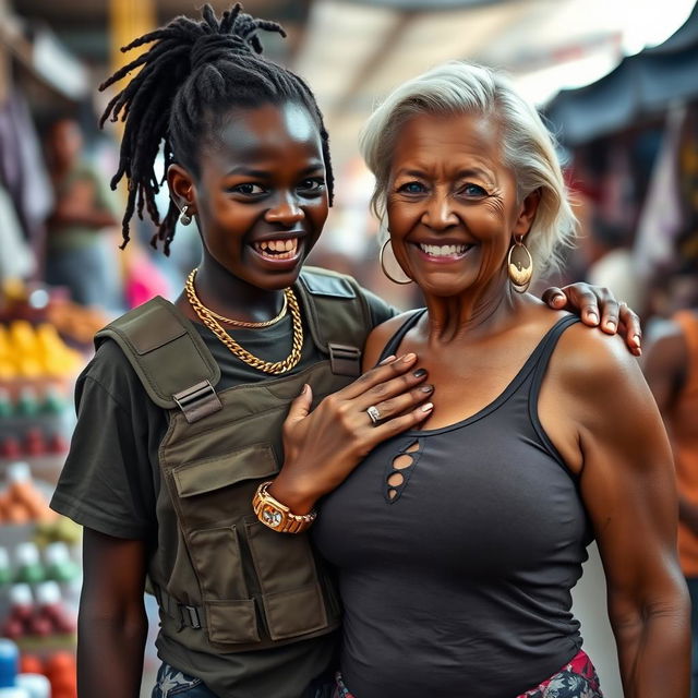 In a bustling market, a young Black African woman, 25 years old, stands with a fierce expression