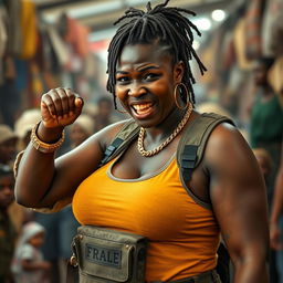 In a lively market setting, a young Black African woman, 25 years old, appears with a fierce expression