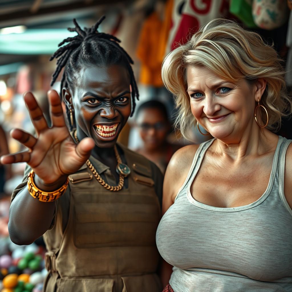In a lively market setting, a young Black African woman, 25 years old, appears with a fierce expression