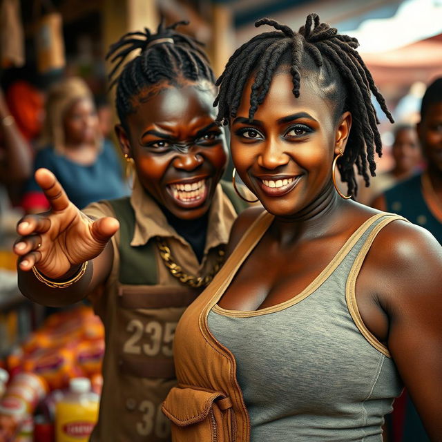 In a lively market setting, a young Black African woman, 25 years old, appears with a fierce expression