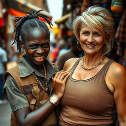 In a vibrant market scene, a young Black African woman, 25 years old, appears with a fierce expression
