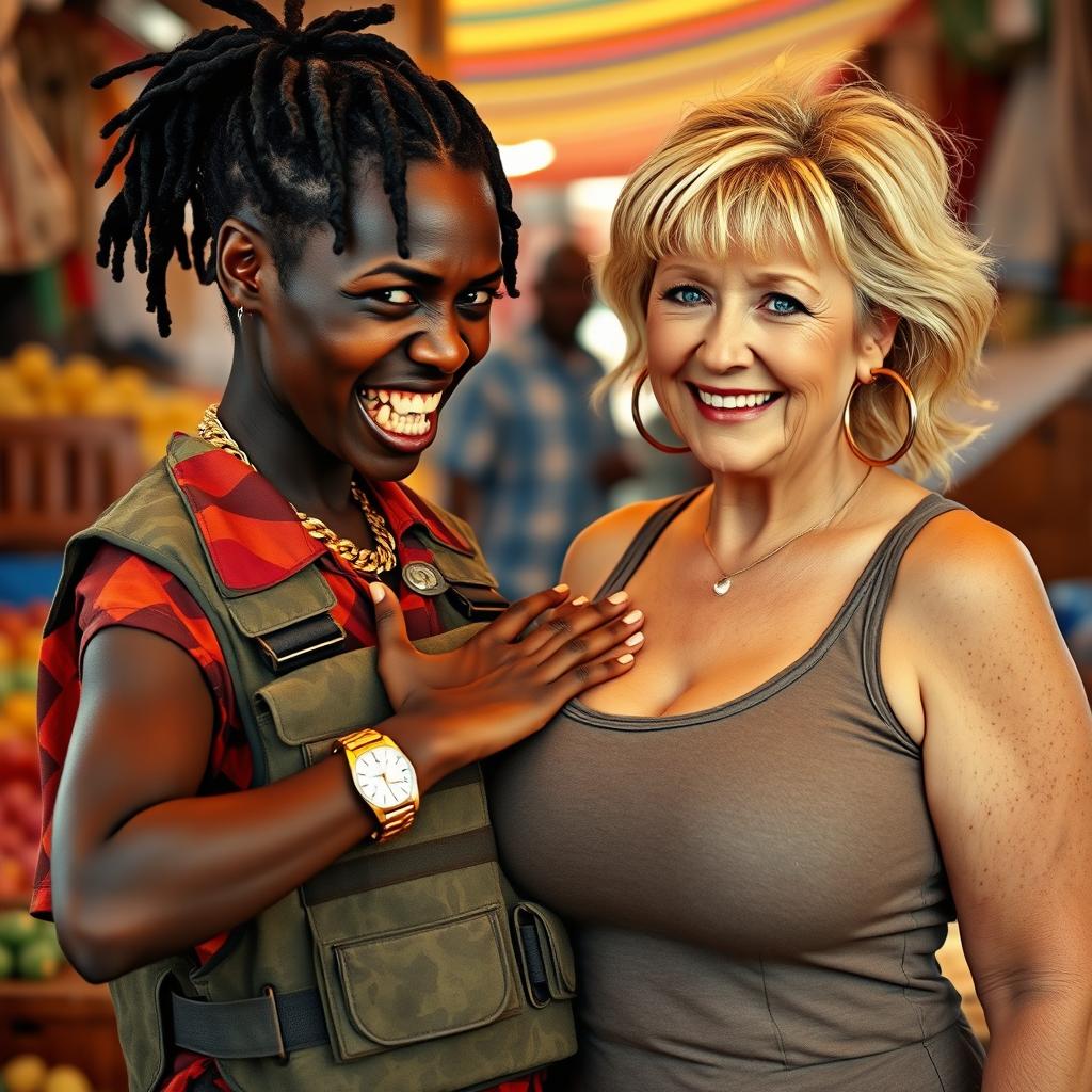 In a vibrant market scene, a young Black African woman, 25 years old, appears with a fierce expression