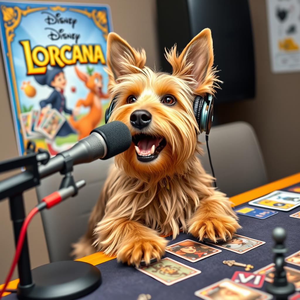 A charming Scottish terrier wearing headphones and sitting at a podcasting table, speaking animatedly into a microphone