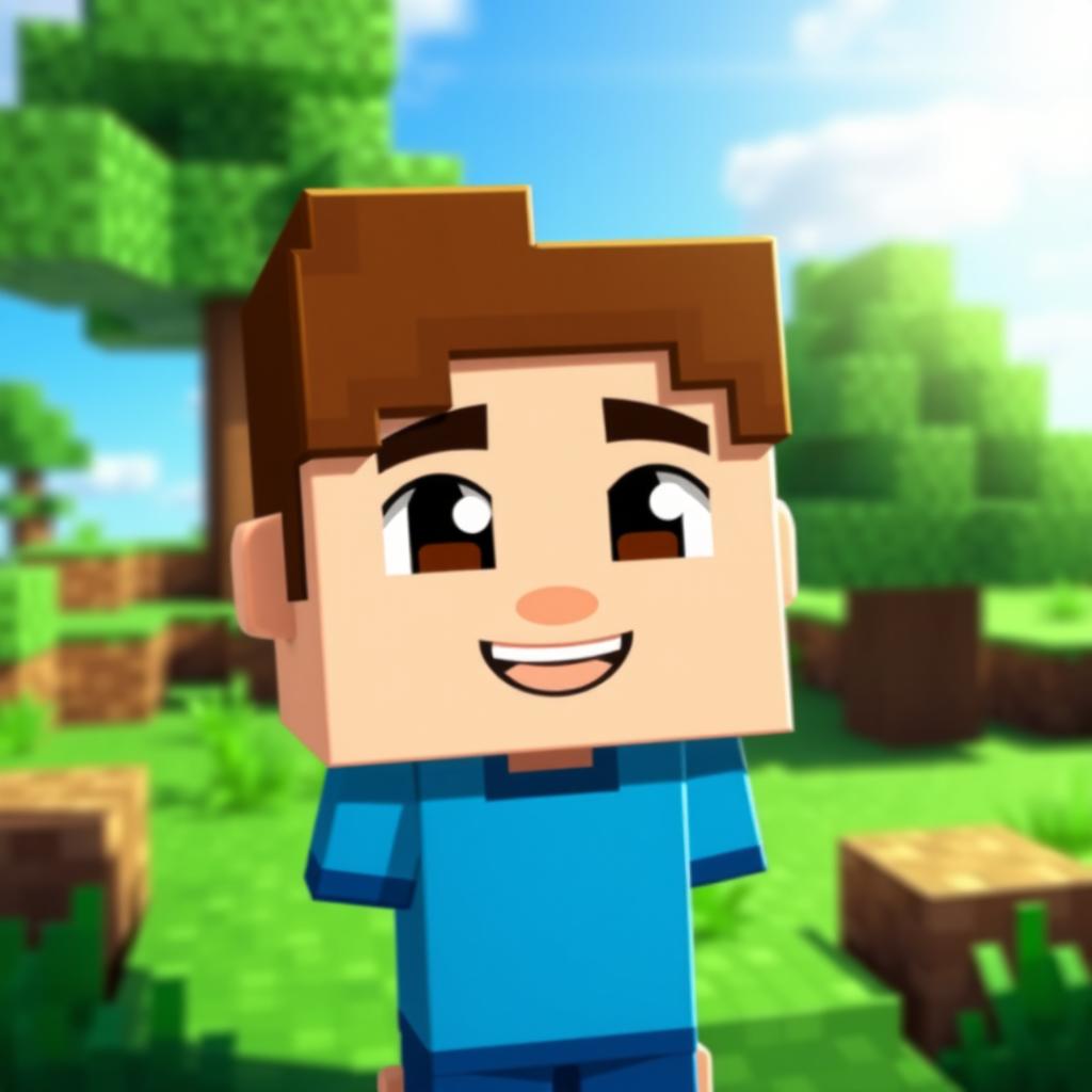 A pixelated Minecraft character designed based on the uploaded image of a boy, featuring a blocky head with big expressive eyes, a vibrant blue T-shirt, and brown hair styled in a fun, playful manner