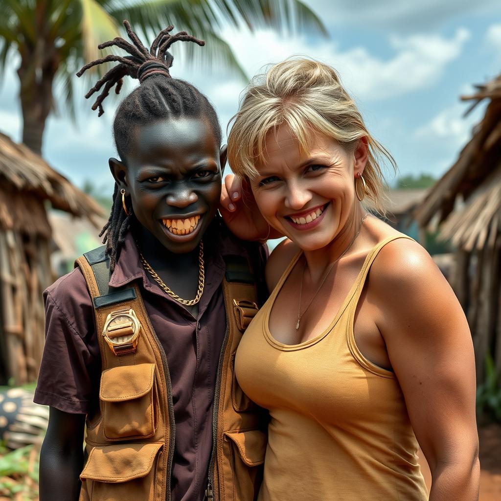 In an African village setting, a young Black African woman, 25 years old, stands with a fierce expression