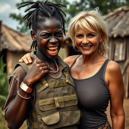 In an African village setting, a young Black African woman, 25 years old, stands with a fierce expression