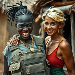 In an African village setting, a young Black African woman, 25 years old, stands with a fierce expression