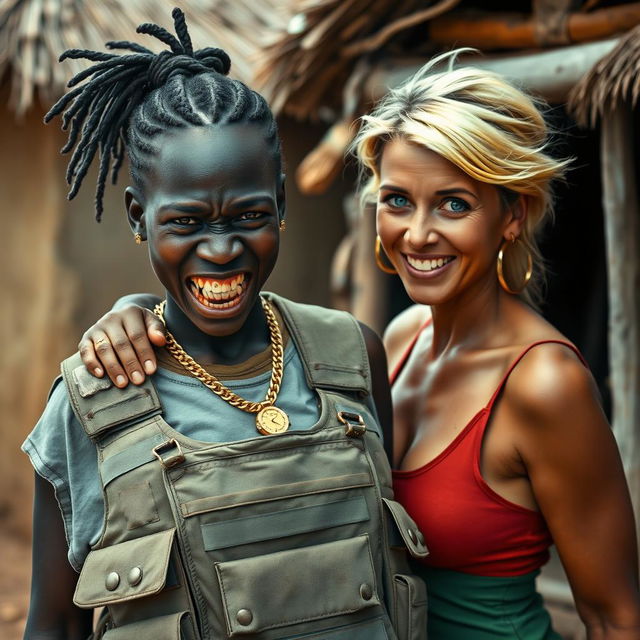 In an African village setting, a young Black African woman, 25 years old, stands with a fierce expression