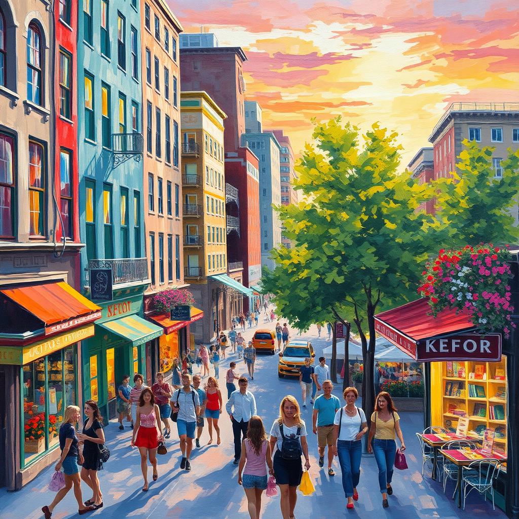 An impressionist painting depicting a bustling cityscape filled with vibrant colors and dynamic brush strokes