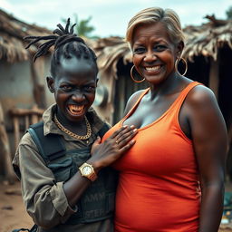 In an African village setting, a young Black African woman, 25 years old, stands with a fierce expression