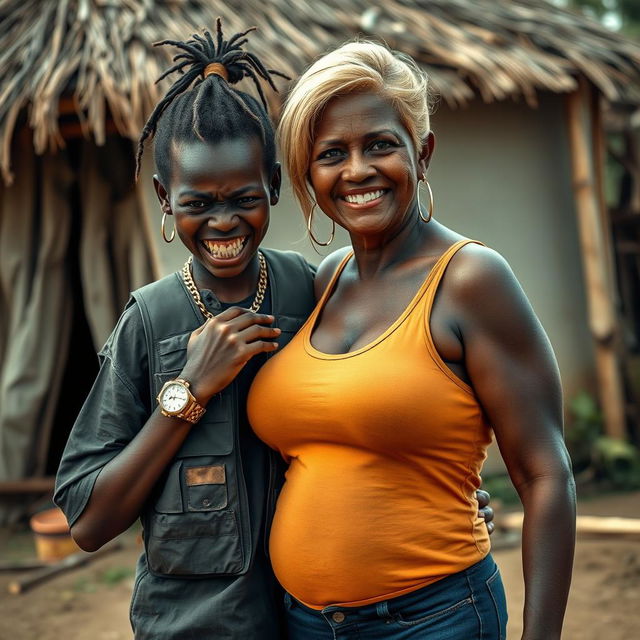 In an African village setting, a young Black African woman, 25 years old, stands with a fierce expression