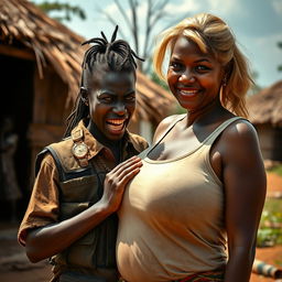 In an African village setting, a young Black African woman, 25 years old, stands with a fierce expression