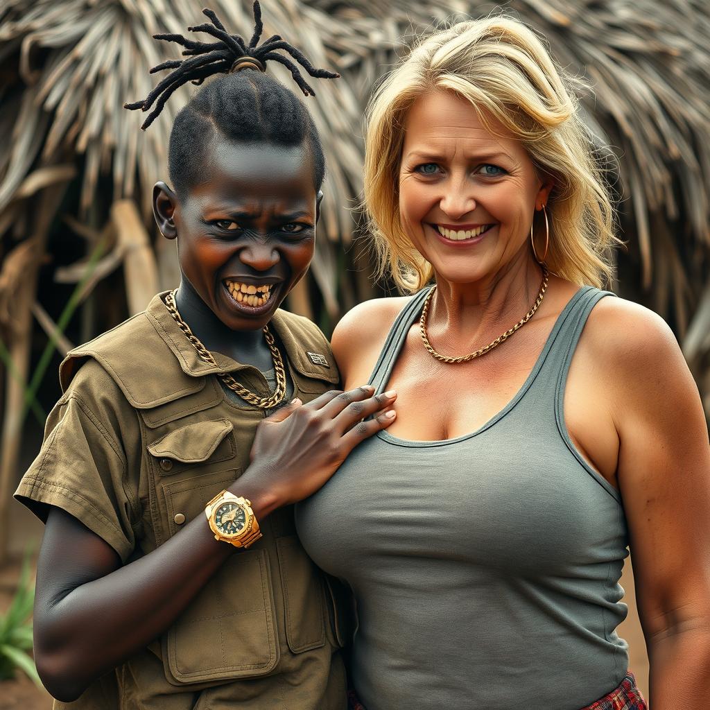 In an African village setting, a young Black African woman, 25 years old, stands with a fierce expression