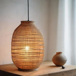 A unique lamp made from a traditional woven 'bakul nasi' (rice basket), its light casting interesting patterns through the weave.