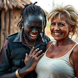 In an African village, a young Black woman, 25 years old, appears with a fierce expression