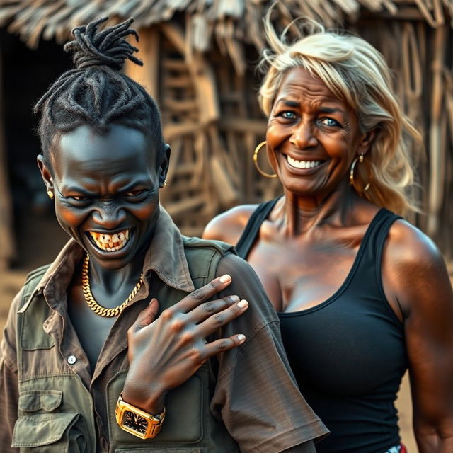 In an African village, a young Black woman, 25 years old, appears with a fierce expression