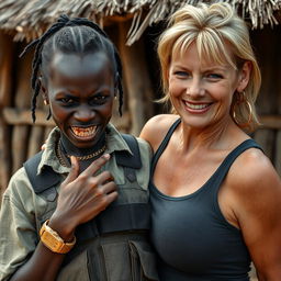 In an African village, a young Black woman, 25 years old, appears with a fierce expression