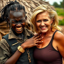 In an African village, a young Black woman, 25 years old, appears with a fierce expression