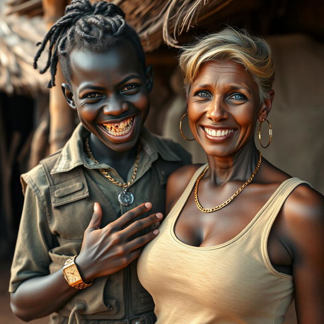 In an African village, a young Black woman, 25 years old, is depicted as short and undernourished, with dark black skin and a fierce expression revealing her jagged, decayed teeth