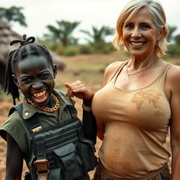 In an African village, a young Black woman, 25 years old, is depicted as short and undernourished, with dark black skin and a fierce expression revealing her jagged, decayed teeth