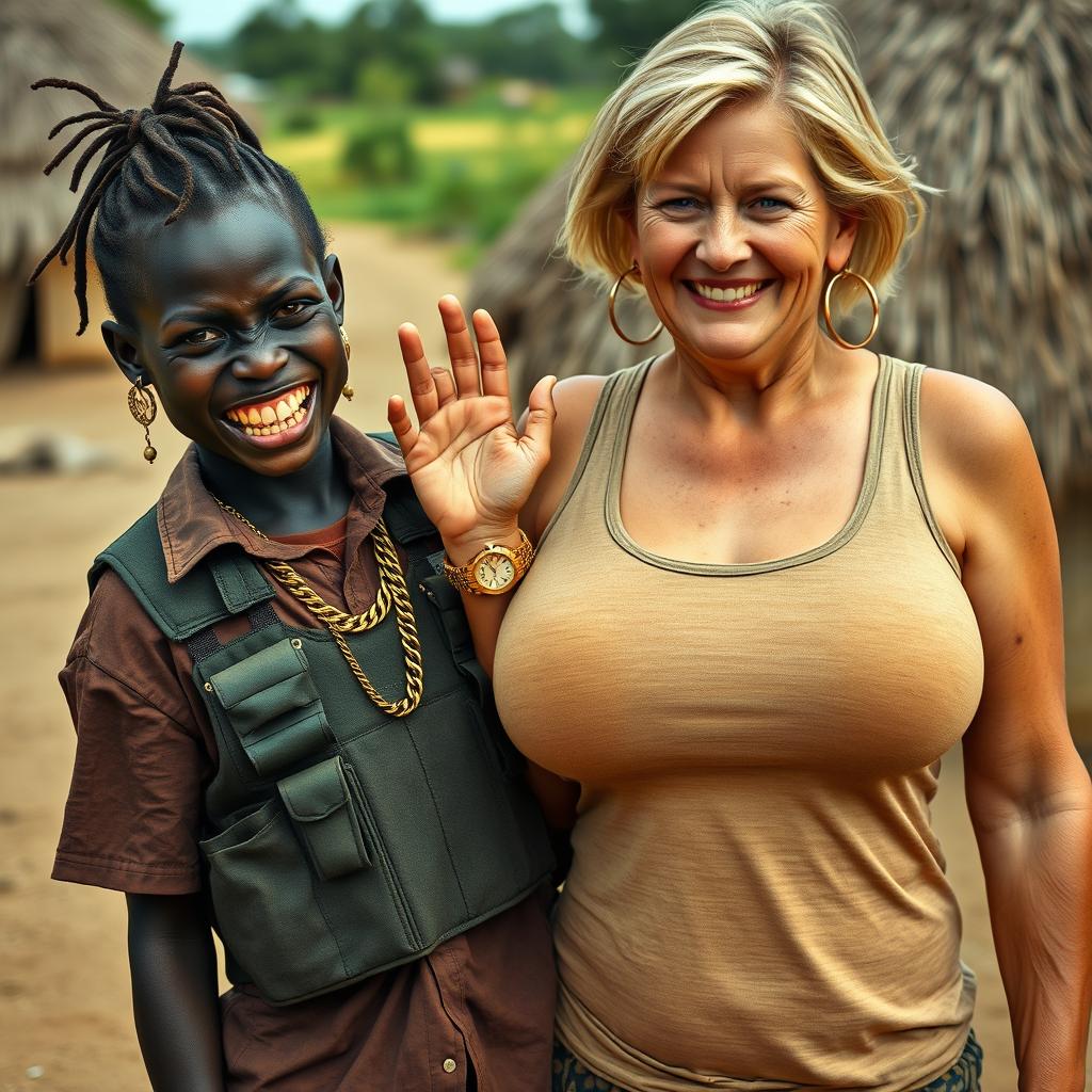 In an African village, a young Black woman, 25 years old, is depicted as short and undernourished, with dark black skin and a fierce expression revealing her jagged, decayed teeth