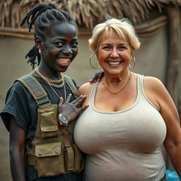 In an African village, a young Black woman, 25 years old, is depicted as short and undernourished, with dark black skin and a fierce expression that shows her jagged, decayed teeth
