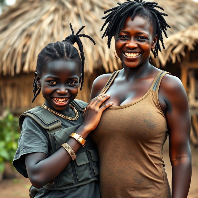 In an African village, a young Black woman, 25 years old, is depicted as short and undernourished, with dark black skin and a fierce expression that shows her jagged, decayed teeth