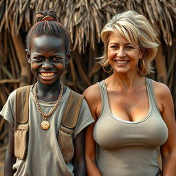 In an African village, a young, very short, malnourished African woman, 25 years old, with very dark skin, a scowling face showing off her ugly, decayed teeth