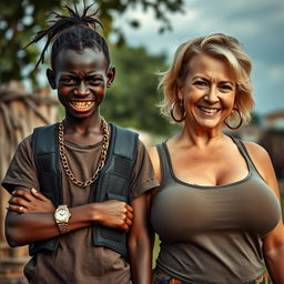 In an African village, a young, very short, malnourished African woman, 25 years old, with very dark skin, a scowling face showing off her ugly, decayed teeth