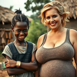 In an African village, a young, very short, malnourished African woman, 25 years old, with very dark skin, a scowling face showing off her ugly, decayed teeth