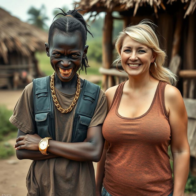 In an African village, a very short, malnourished 25-year-old Black woman with very dark skin and a menacing expression, showcasing her decayed teeth