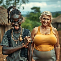 In an African village, a very short, malnourished 25-year-old Black woman with very dark skin and a menacing expression, showcasing her decayed teeth