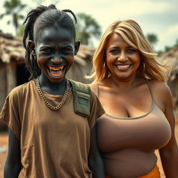 In an African village, a very short, malnourished 25-year-old Black woman with very dark skin and a menacing expression, showcasing her decayed teeth