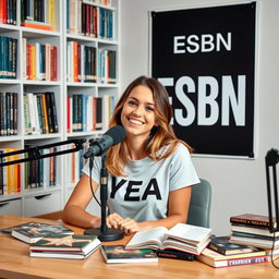 A dynamic podcast setting featuring a beautiful 27-year-old woman sitting at a table with a microphone placed in front of her