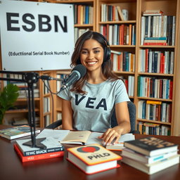 A dynamic podcast setting featuring a beautiful 27-year-old woman sitting at a table with a microphone placed in front of her