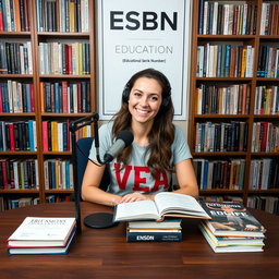 A dynamic podcast setting featuring a beautiful 27-year-old woman sitting at a table with a microphone placed in front of her
