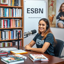 A dynamic podcast setting featuring a beautiful 27-year-old woman sitting at a table with a microphone placed in front of her