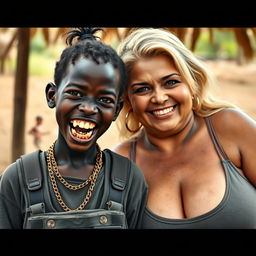 In an African village, a very short, malnourished 25-year-old Black woman with deep black skin and a fierce expression, showing off her decayed teeth