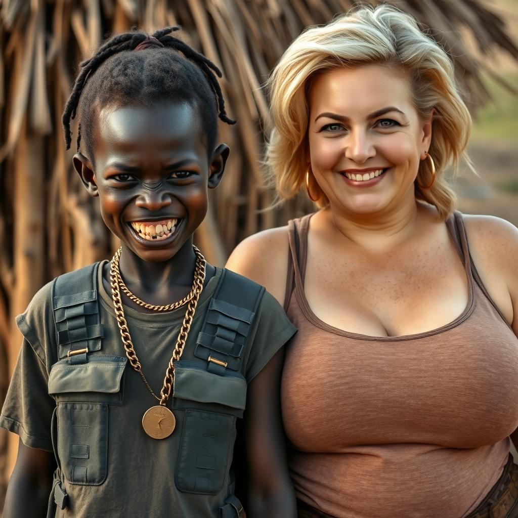 In an African village, a very short, malnourished 25-year-old Black woman with deep black skin and a fierce expression, showing off her decayed teeth