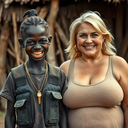 In an African village, a very short, malnourished 25-year-old Black woman with deep black skin and a fierce expression, showing off her decayed teeth