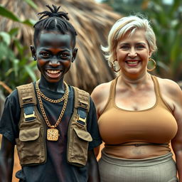 In an African village, a very short, malnourished 25-year-old Black woman with deep black skin and a fierce expression, showing her decayed teeth