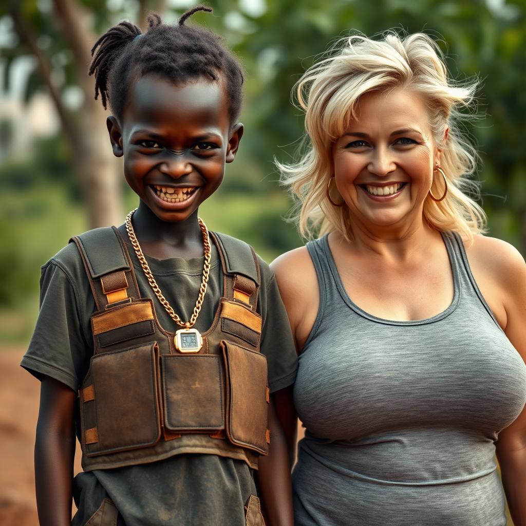 In an African village, a very short, malnourished 25-year-old Black woman with deep black skin and a fierce expression, showing her decayed teeth