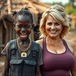 In an African village, a very short, malnourished 25-year-old Black woman with deep black skin and a fierce expression, showing her decayed teeth